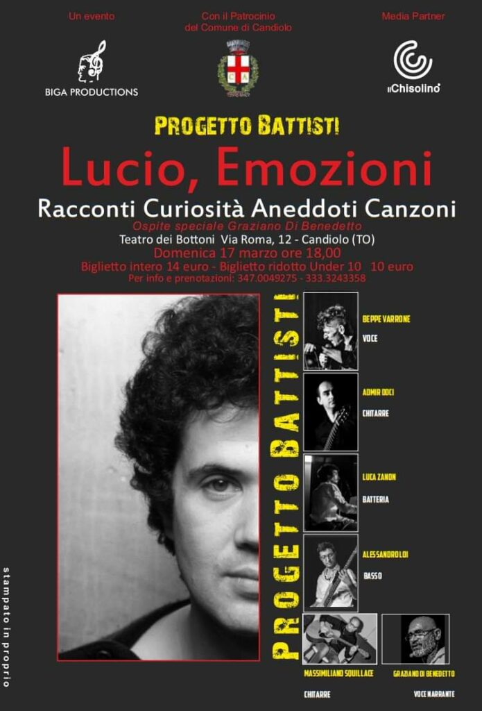“Progetto Battisti” il 17 marzo a Candiolo, prevendita biglietti