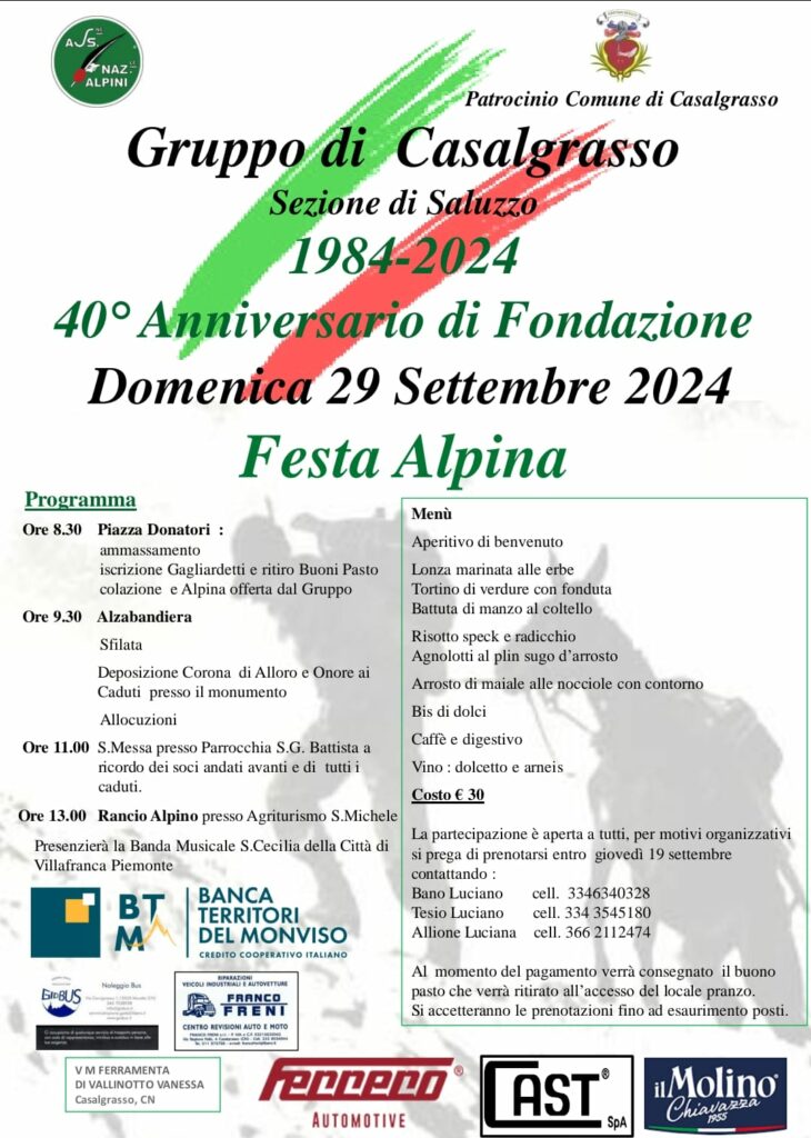 Alpini di Casalgrasso festeggiano il 40° anniversario di fondazione